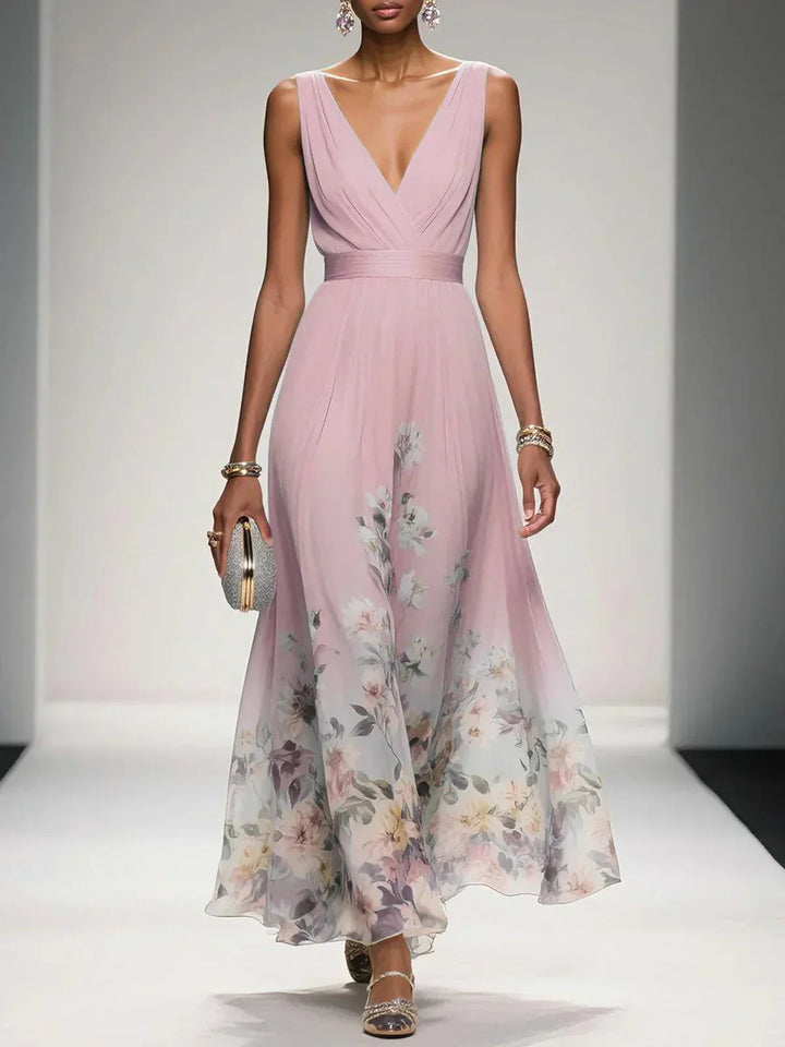 Elegant Floral Women’s Maxi Dress with Pleated Bodice