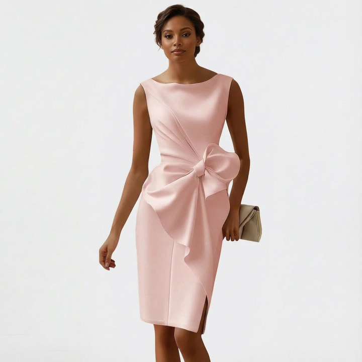 Elegant Fitted Midi Dress with Waist Bow Detail