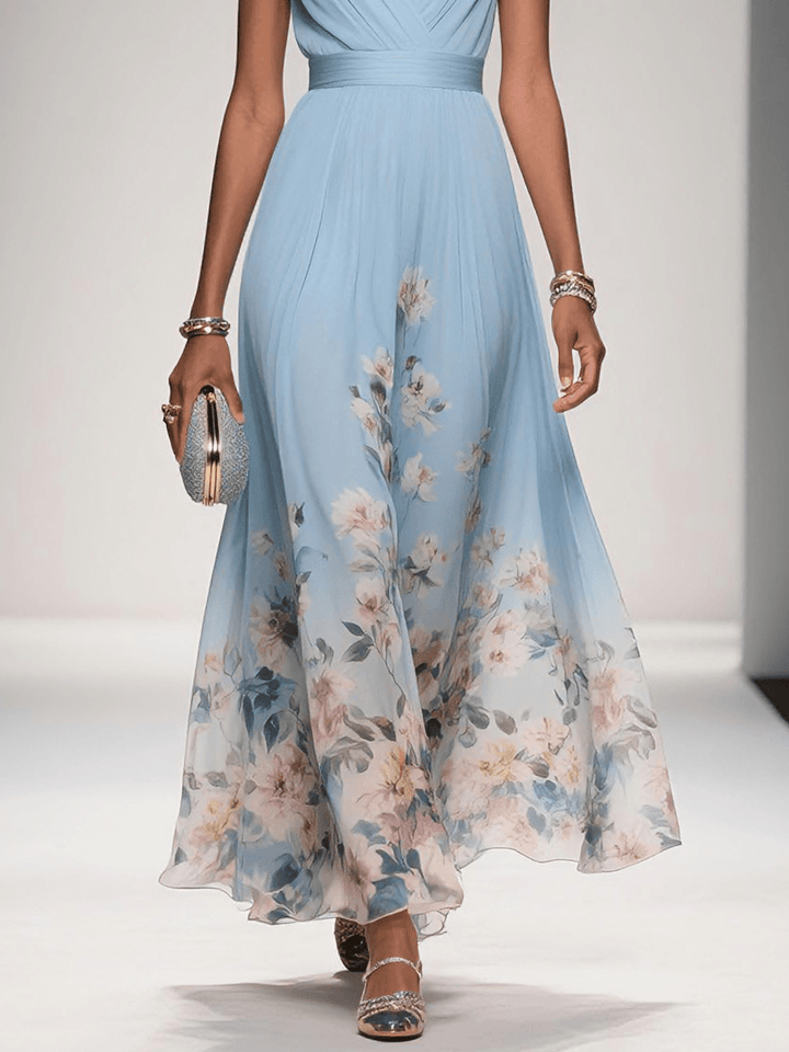 Elegant Floral Women’s Maxi Dress with Pleated Bodice