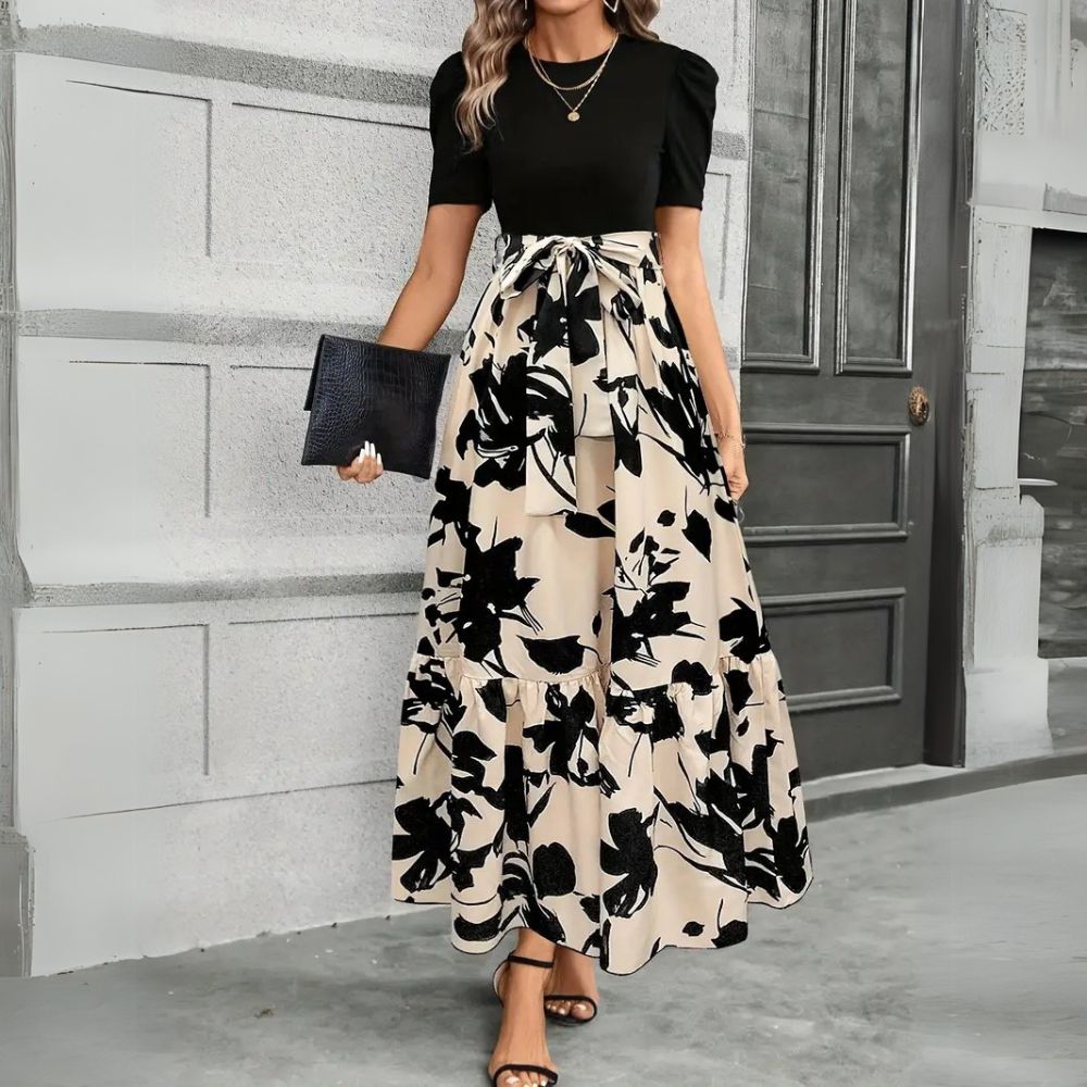 Elegant Women’s Floral Maxi Dress with Tie Waist