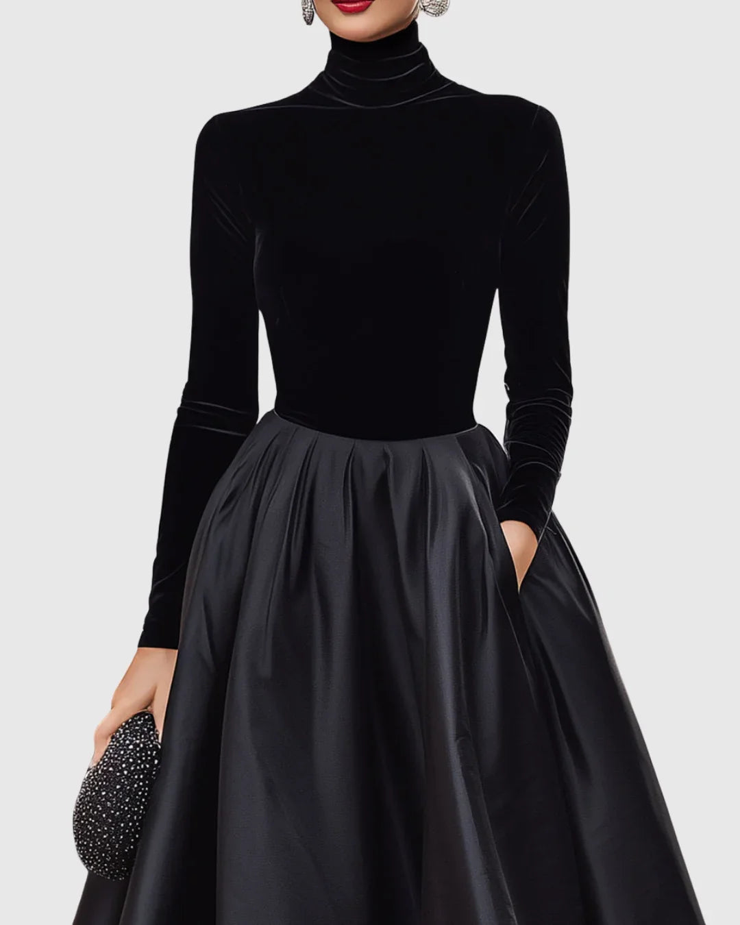 Women's Velvet and Satin Midi Dress with Turtleneck