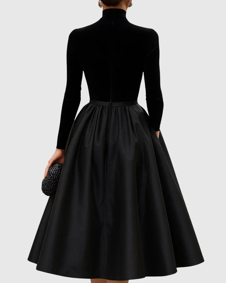 Women's Velvet and Satin Midi Dress with Turtleneck