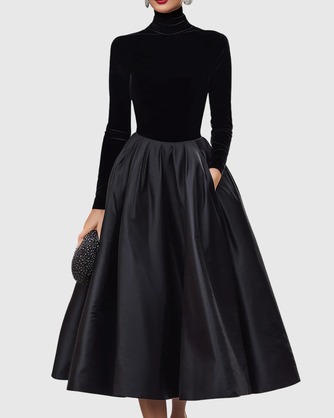 Women's Velvet and Satin Midi Dress with Turtleneck