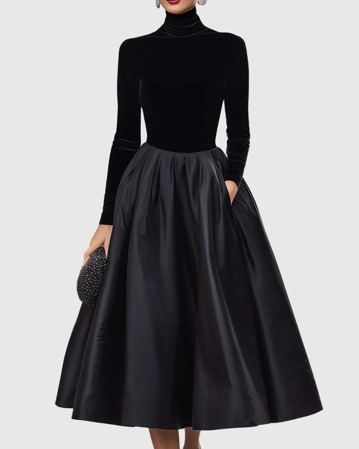 Women's Velvet and Satin Midi Dress with Turtleneck