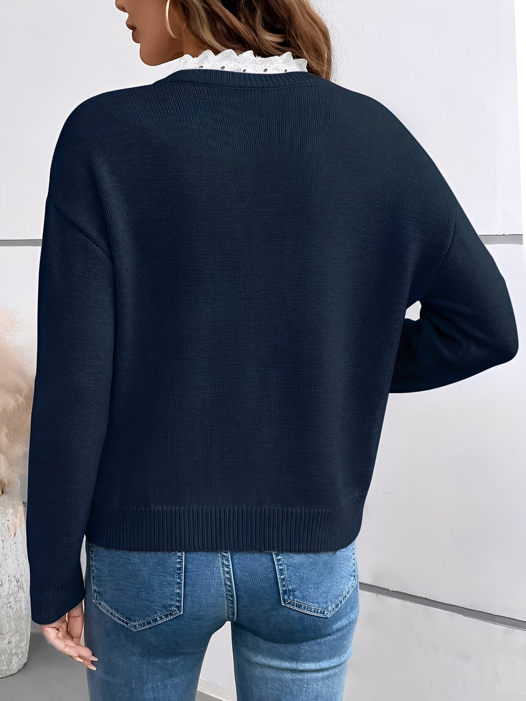 Elinor - Women's V Neck Knit Jumper with Lace Trim - photo 3