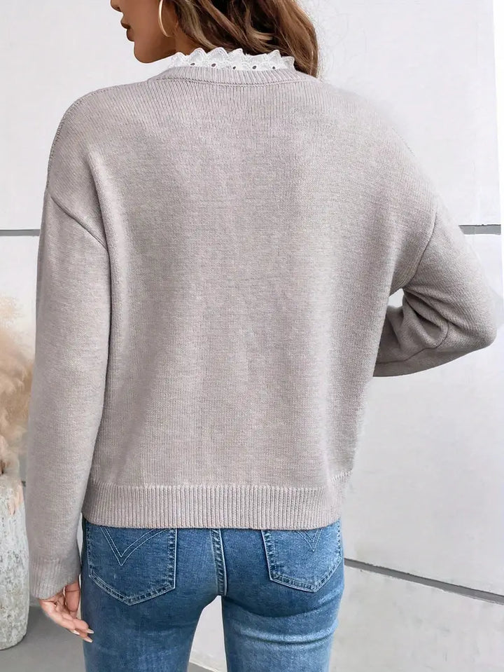 Elinor - Women's V Neck Knit Jumper with Lace Trim - photo 5