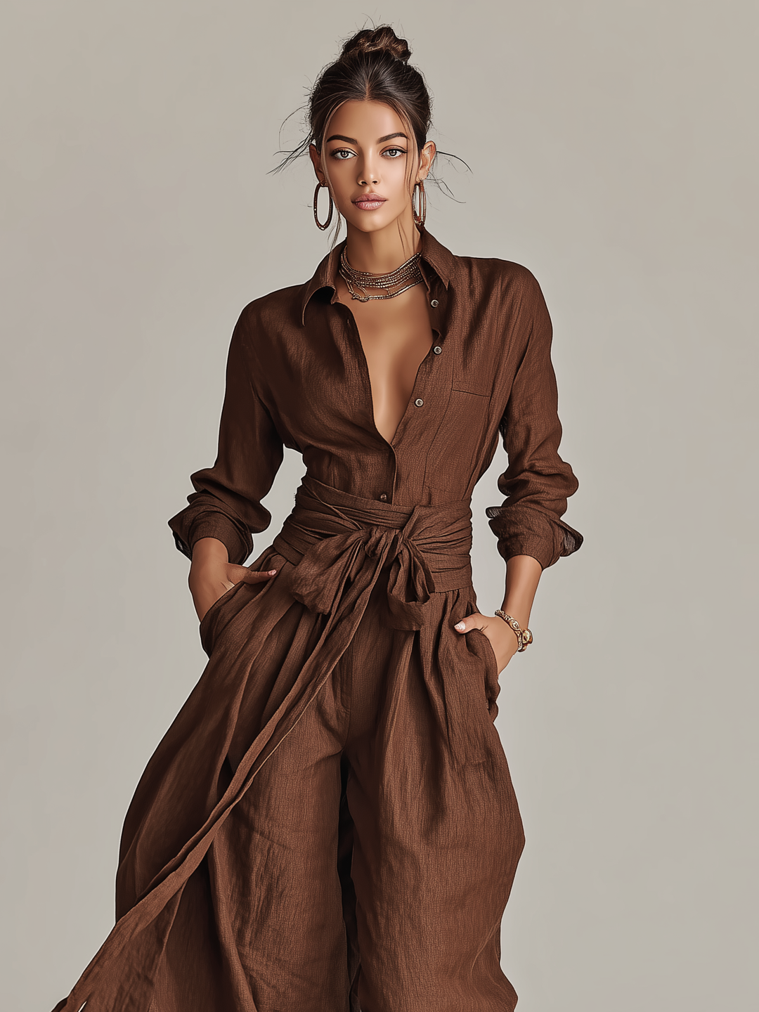 Long Sleeve Shirt Collar Tie Waist Wide Leg Linen Jumpsuit