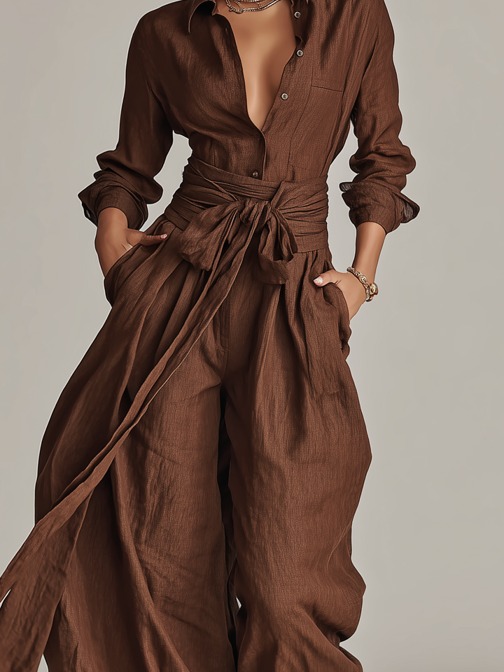 Long Sleeve Shirt Collar Tie Waist Wide Leg Linen Jumpsuit