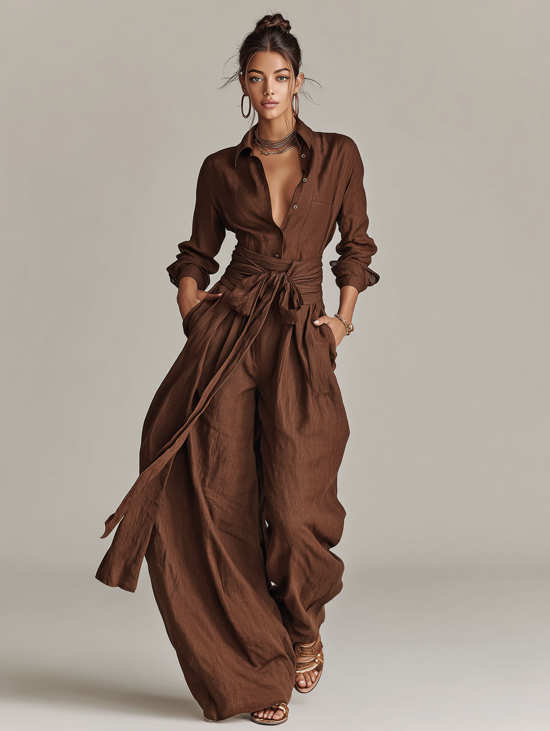 Long Sleeve Shirt Collar Tie Waist Wide Leg Linen Jumpsuit