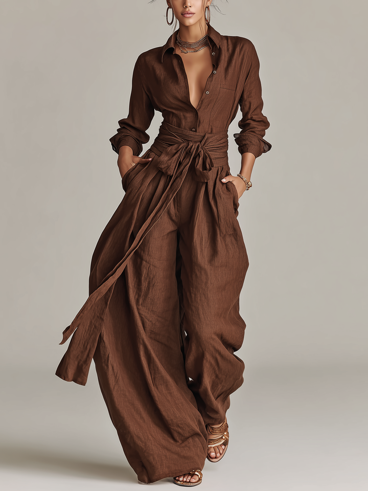 Long Sleeve Shirt Collar Tie Waist Wide Leg Linen Jumpsuit