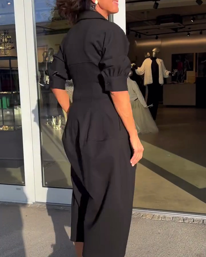 Women's Black Midi Shirt Dress with Pockets