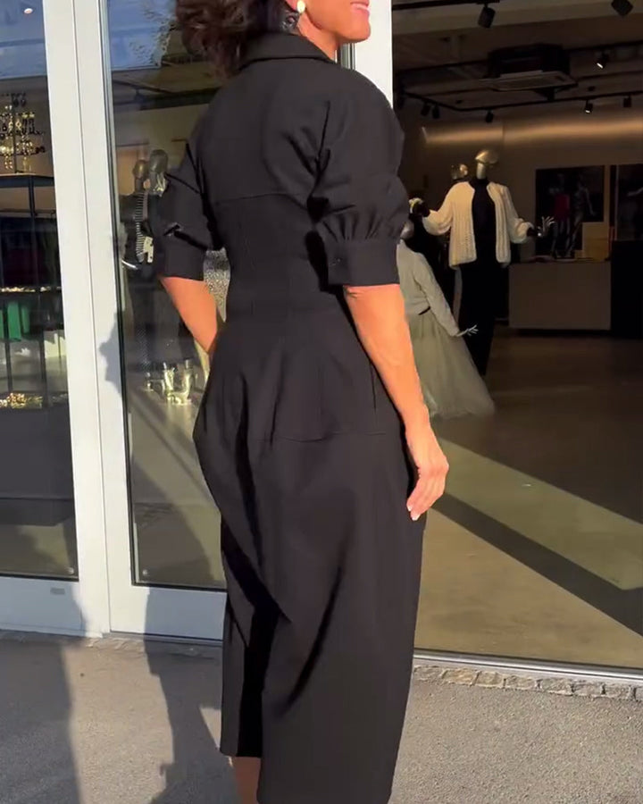 Women's Black Midi Shirt Dress with Pockets