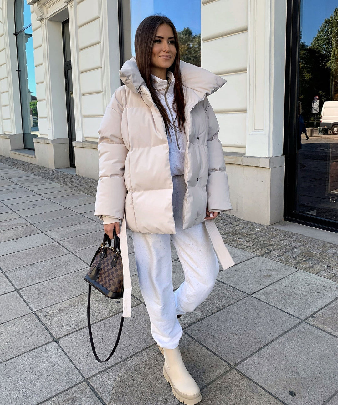 Women's Quilted Coat with a High Neck and a Zip – Beige