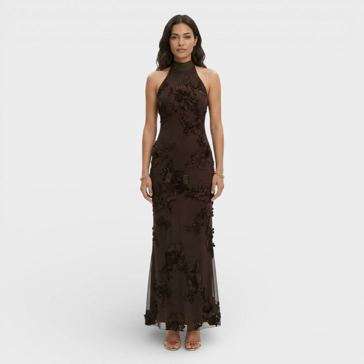 Women's High Neck Floral Embroidery Maxi Dress