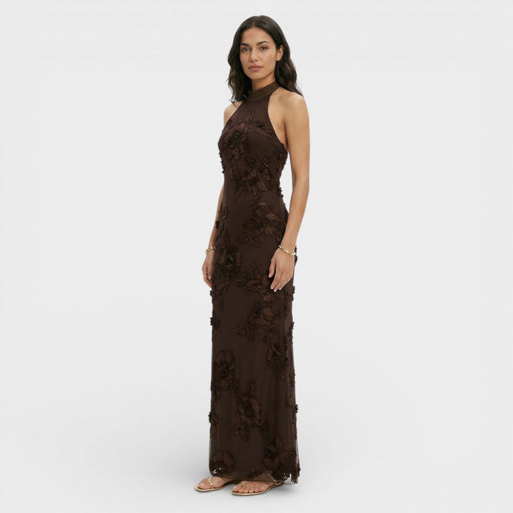 Women's High Neck Floral Embroidery Maxi Dress