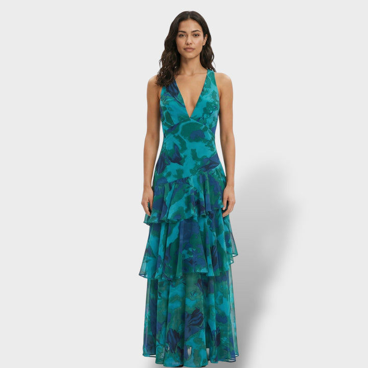 Women's Multicoloured Ruffle Maxi Dress with Lace-Up Back