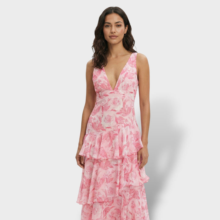 Women's Multicoloured Ruffle Maxi Dress with Lace-Up Back