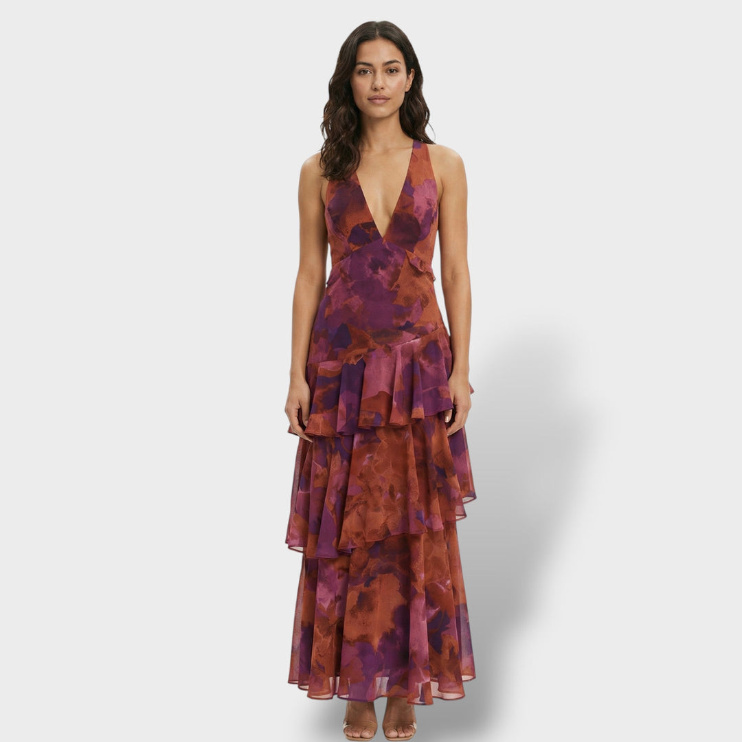Women's Multicoloured Ruffle Maxi Dress with Lace-Up Back