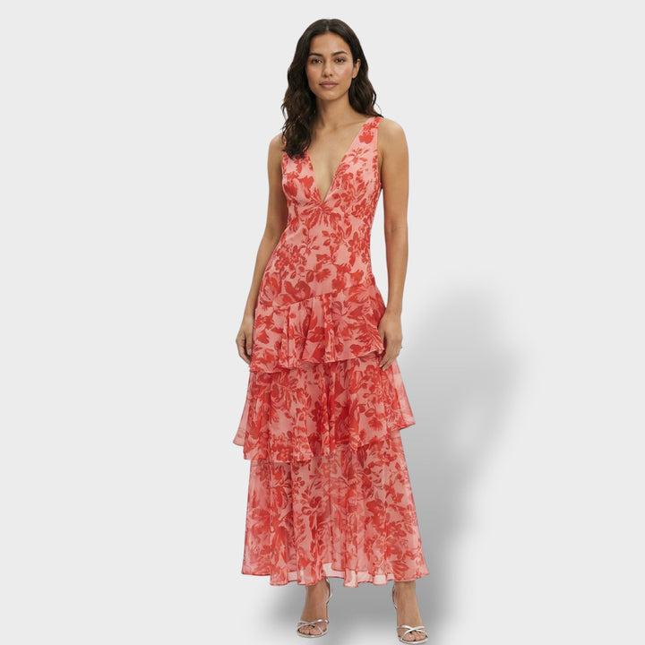 Women's Multicoloured Ruffle Maxi Dress with Lace-Up Back