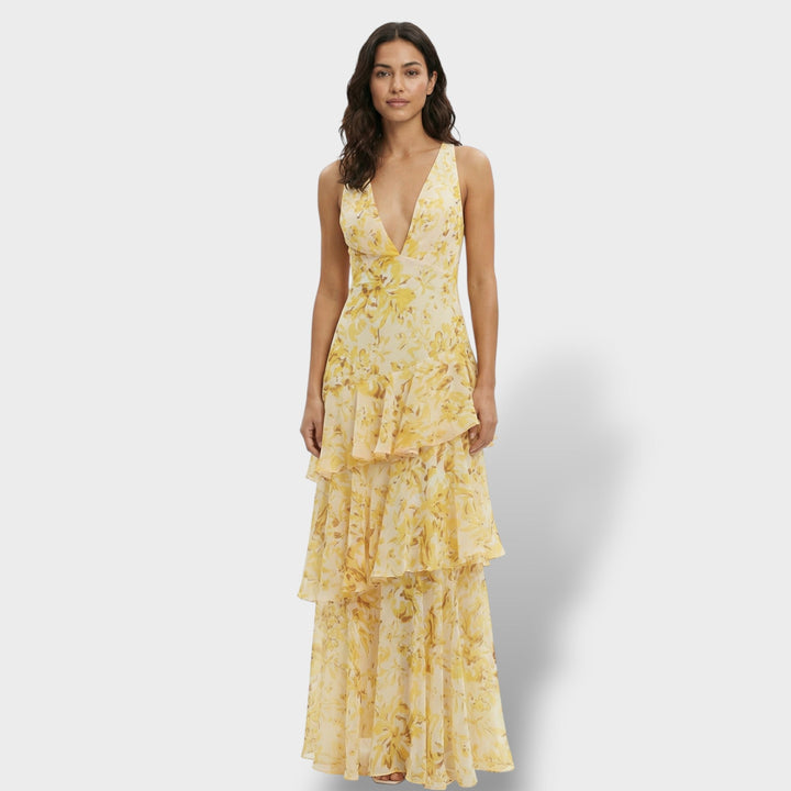Women's Multicoloured Ruffle Maxi Dress with Lace-Up Back