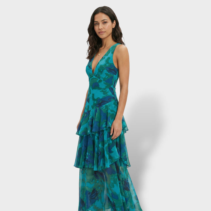 Women's Multicoloured Ruffle Maxi Dress with Lace-Up Back
