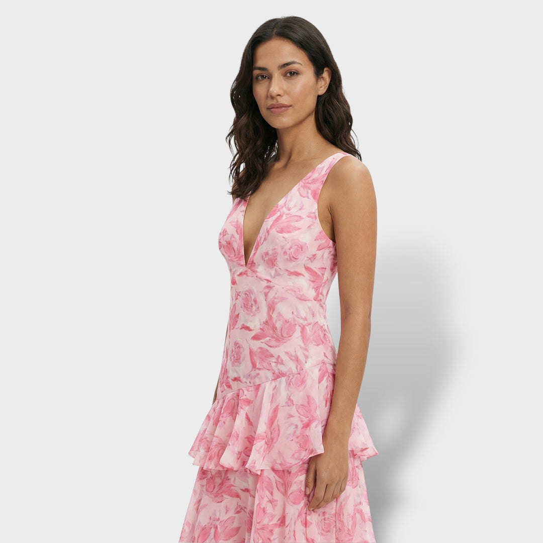 Women's Multicoloured Ruffle Maxi Dress with Lace-Up Back