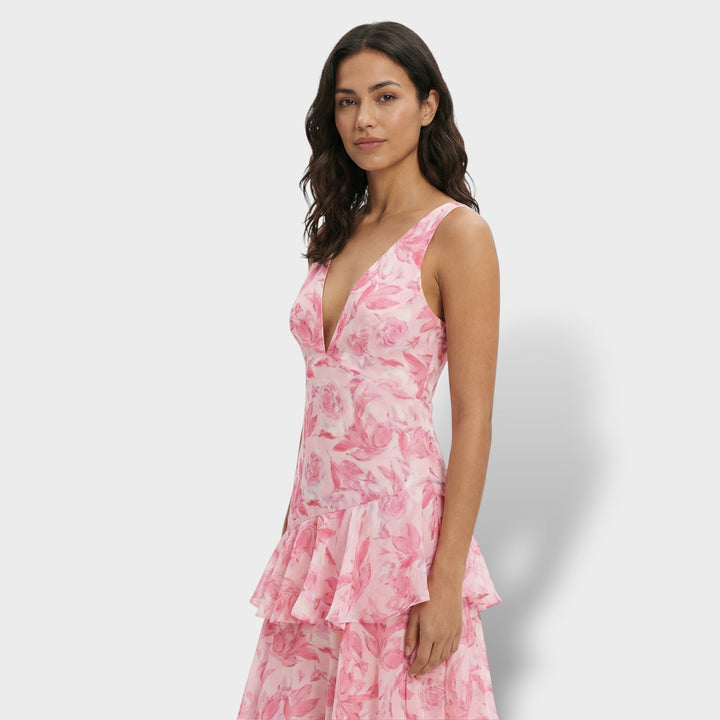 Women's Multicoloured Ruffle Maxi Dress with Lace-Up Back