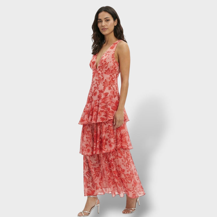 Women's Multicoloured Ruffle Maxi Dress with Lace-Up Back