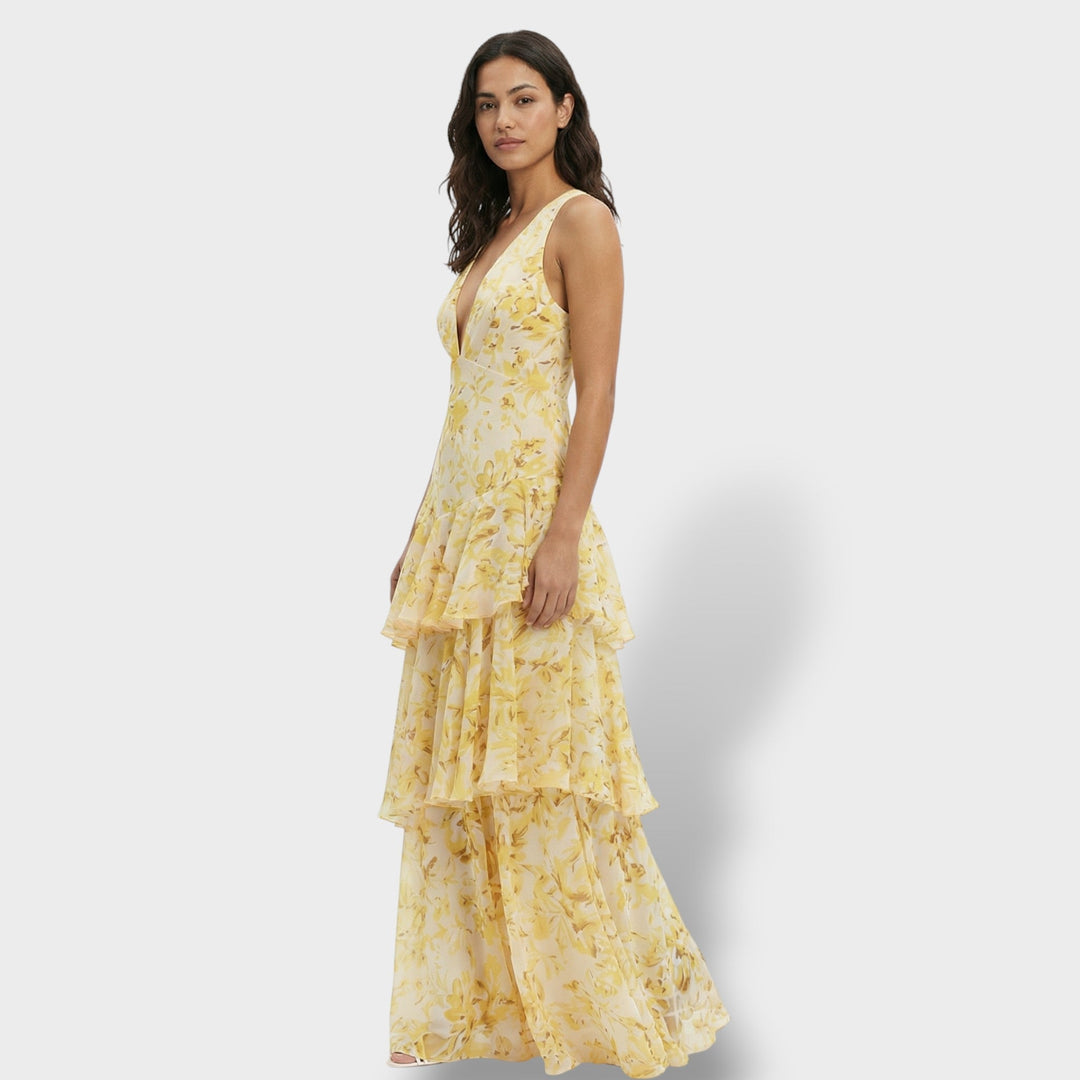 Women's Multicoloured Ruffle Maxi Dress with Lace-Up Back