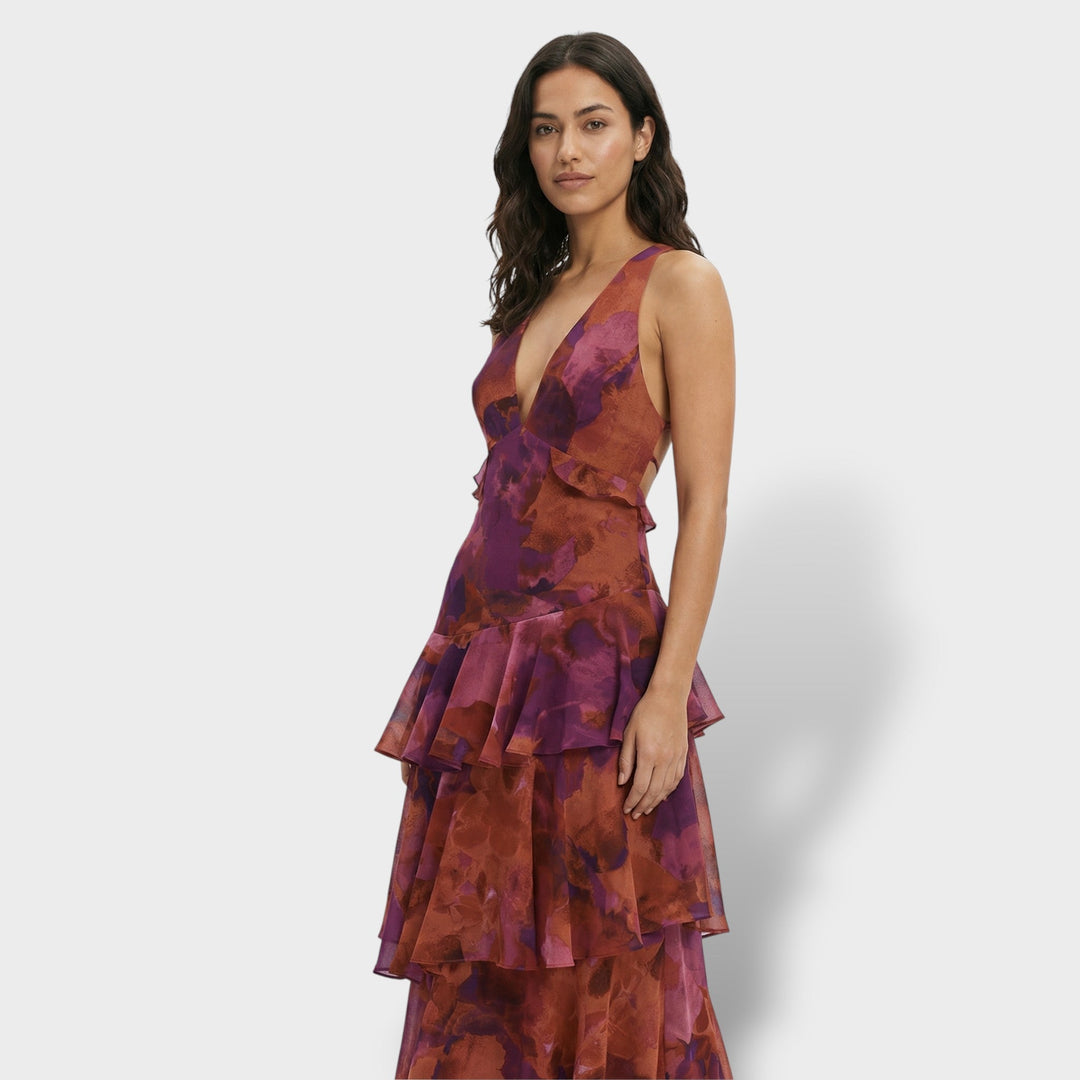 Women's Multicoloured Ruffle Maxi Dress with Lace-Up Back