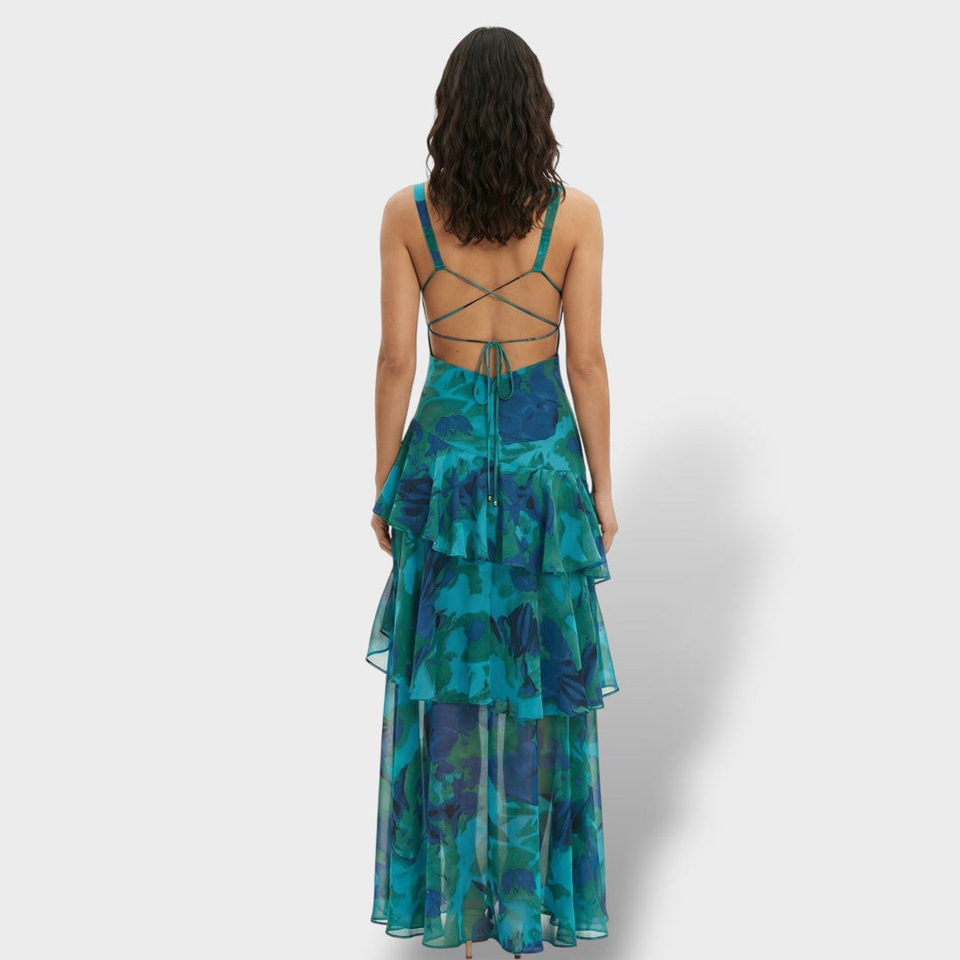 Women's Multicoloured Ruffle Maxi Dress with Lace-Up Back