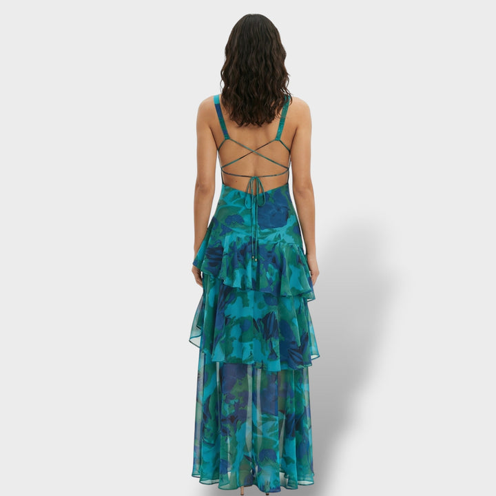 Women's Multicoloured Ruffle Maxi Dress with Lace-Up Back