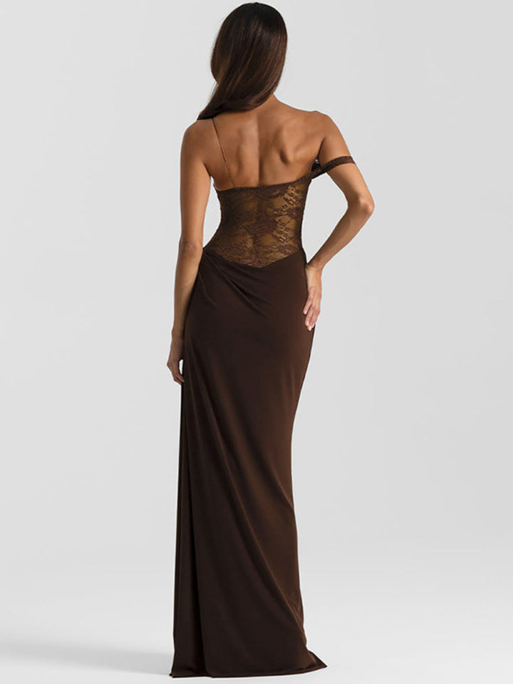 Kathy - Women's Off-Shoulder Lace Bodice Draped Maxi Dress - Brown