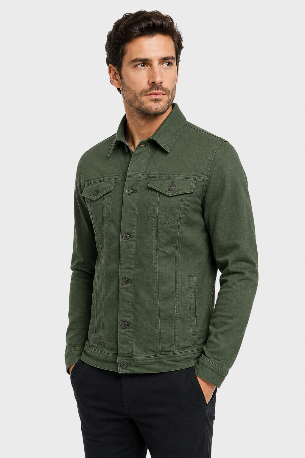 Men's Denim Trucker Jacket with Flap Chest Pockets - Army Green