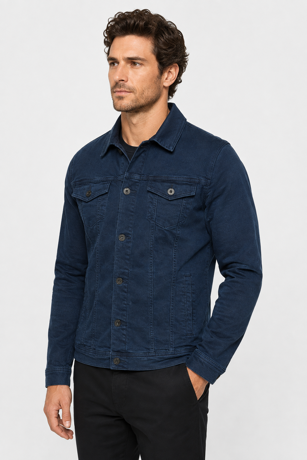 Men's Denim Trucker Jacket with Flap Chest Pockets - Navy