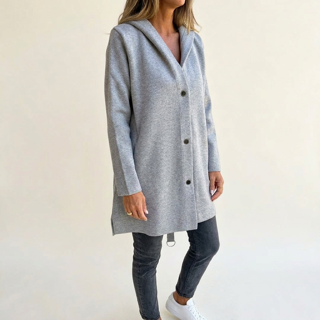 Women's Hooded Wool Coat with Pockets and a Button Front