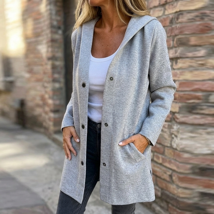 Women's Hooded Wool Coat with Pockets and a Button Front