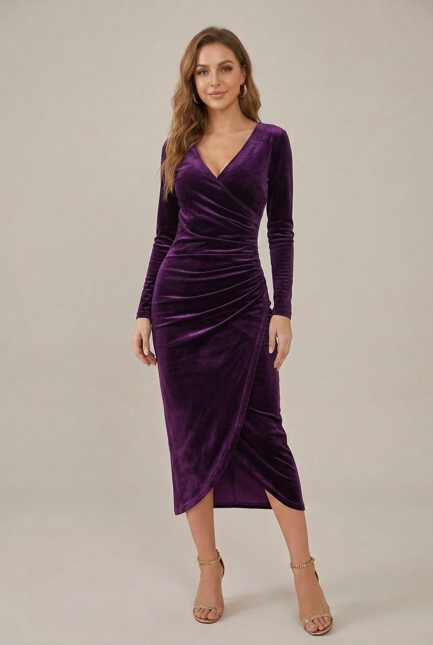 Women's Velvet Wrap V-Neck Sheath Midi Dress with Ruched Waist - Purple