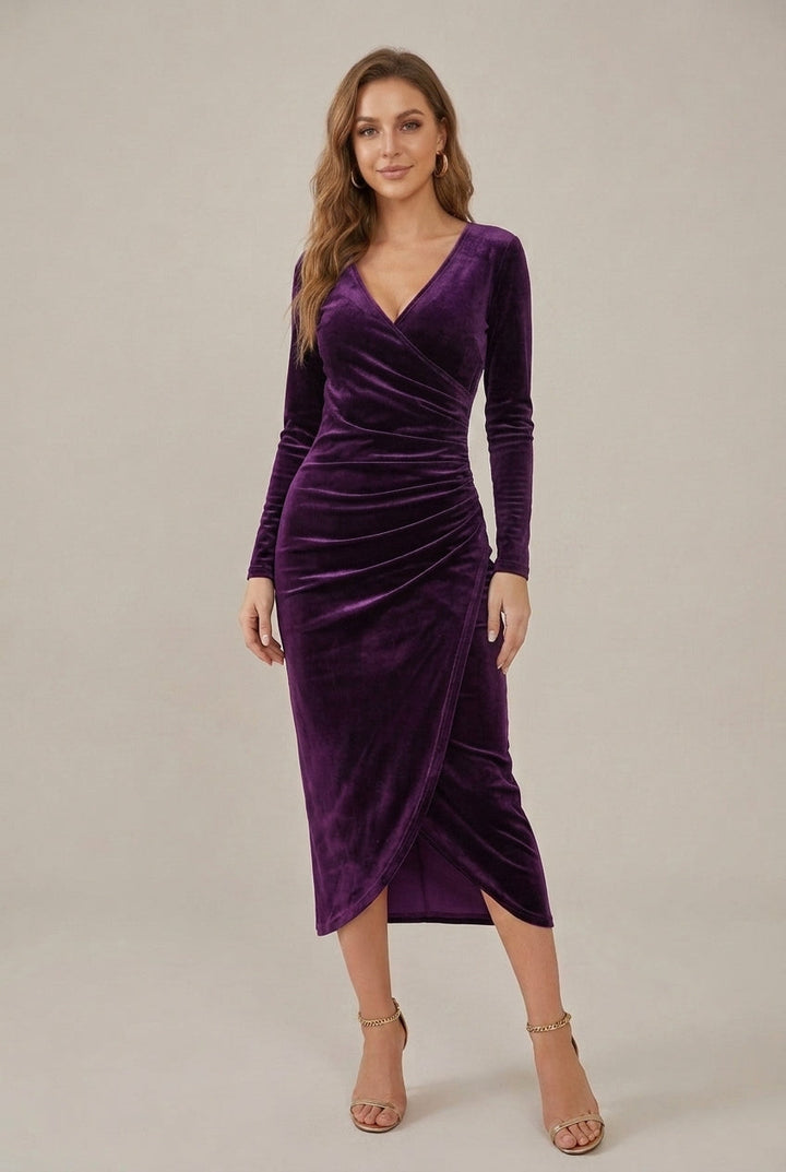 Women's Velvet Wrap V-Neck Sheath Midi Dress with Ruched Waist - Purple