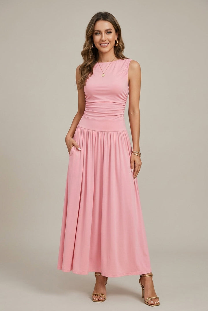 Mila - Women's Boat Neck Ruched Waist Maxi Dress