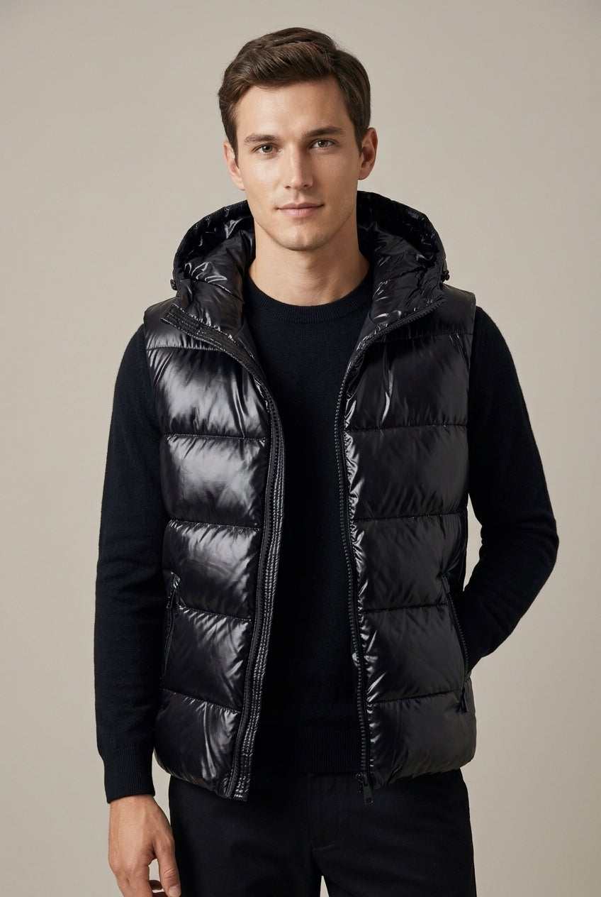 Men's Metallic Padded Hooded Gilet - Black