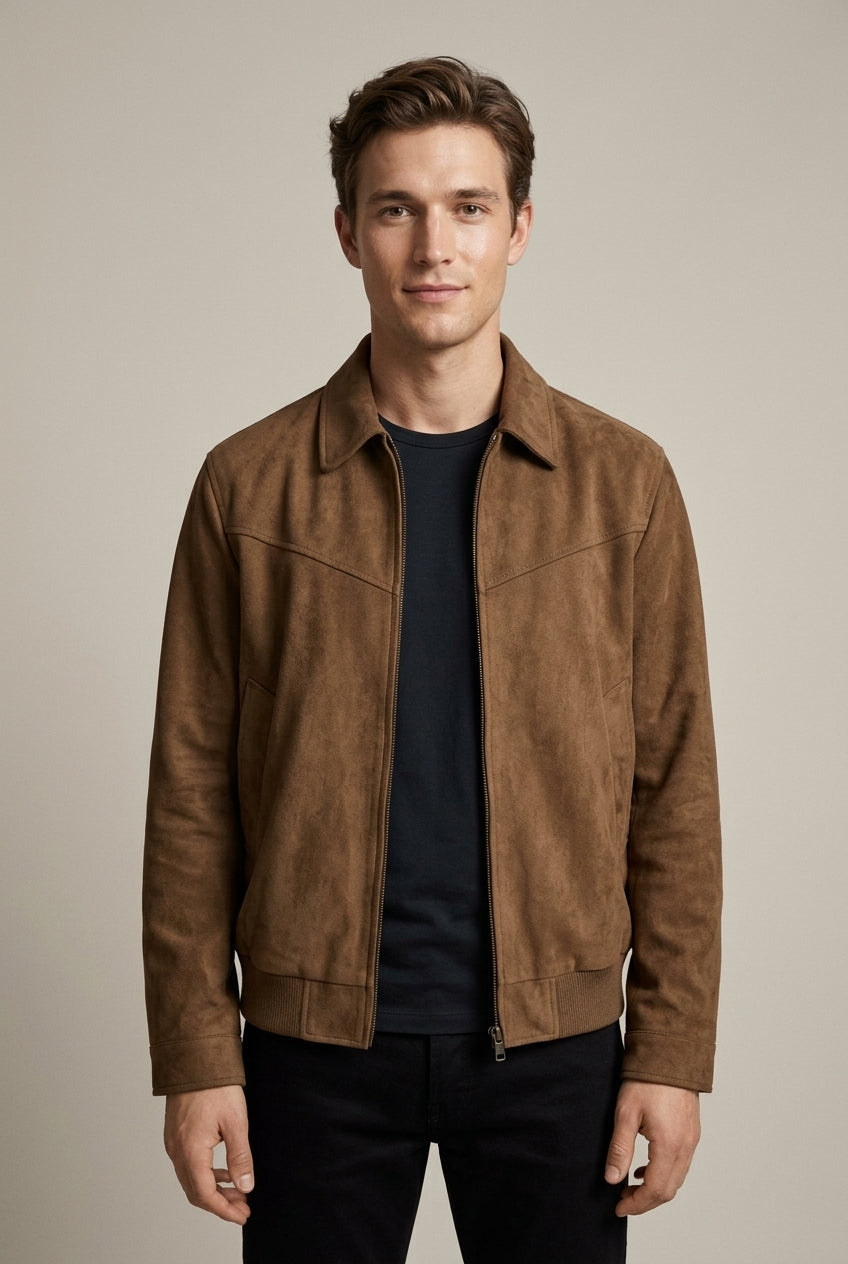 Men's Suede Bomber Jacket with Zip Front and Collar