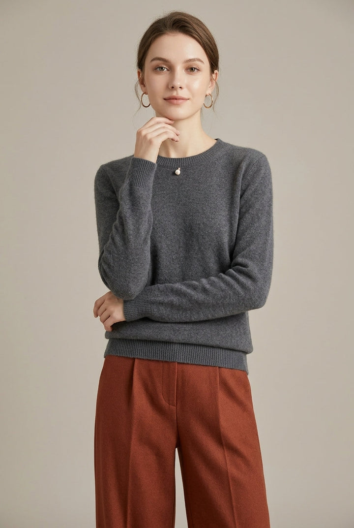 Women's Knit Sweater with Crew Neck and Ribbed Cuffs - Grey