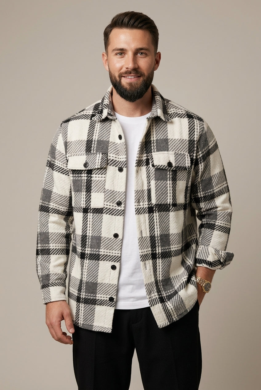 Men's Check Pattern Overshirt with Relaxed Fit and Button Front