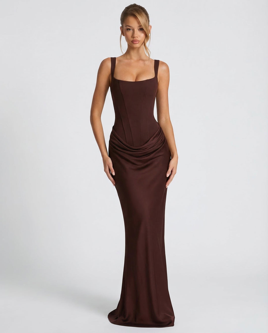 Women's Square Neck Maxi Dress with Draped Waist