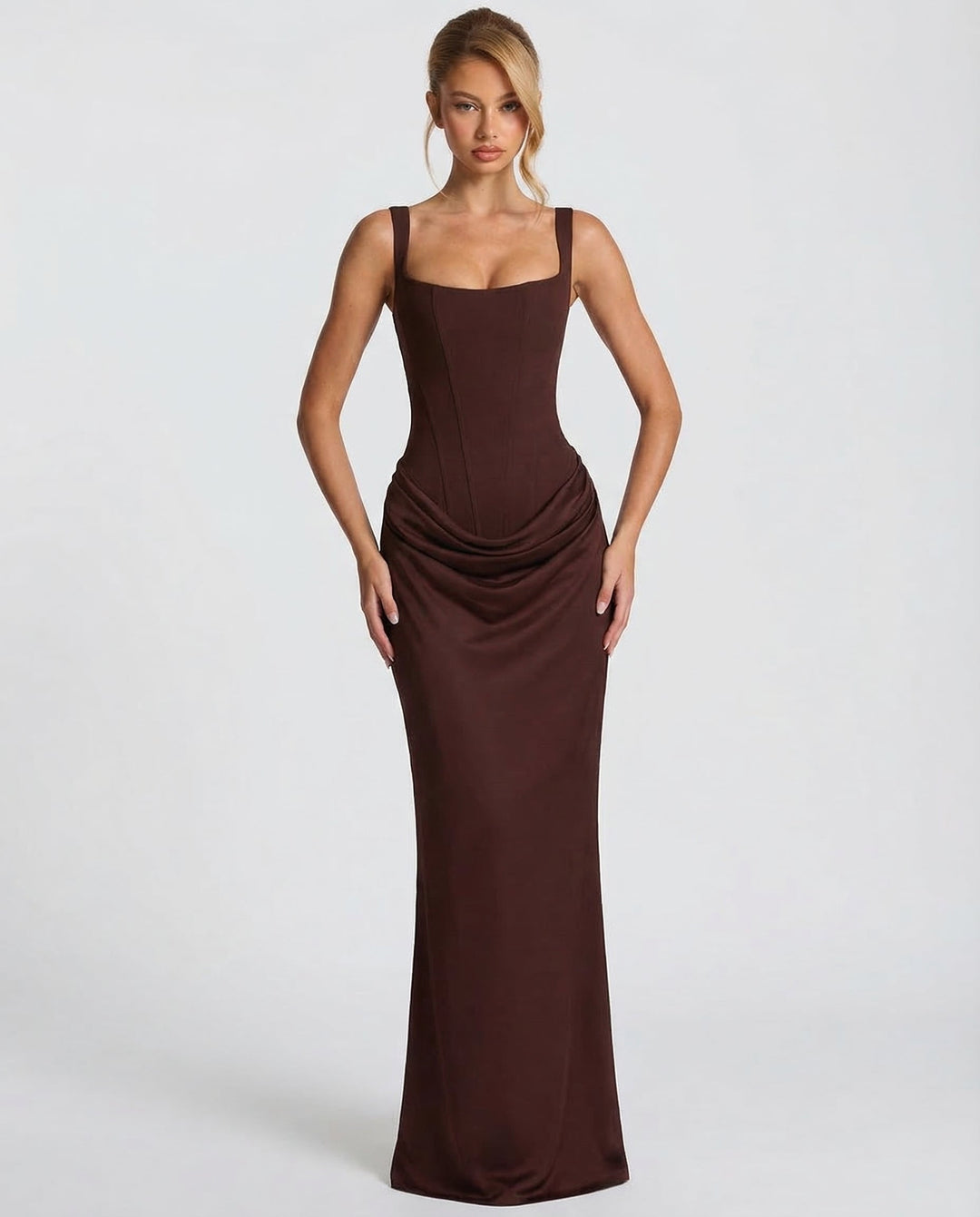 Women's Square Neck Maxi Dress with Draped Waist