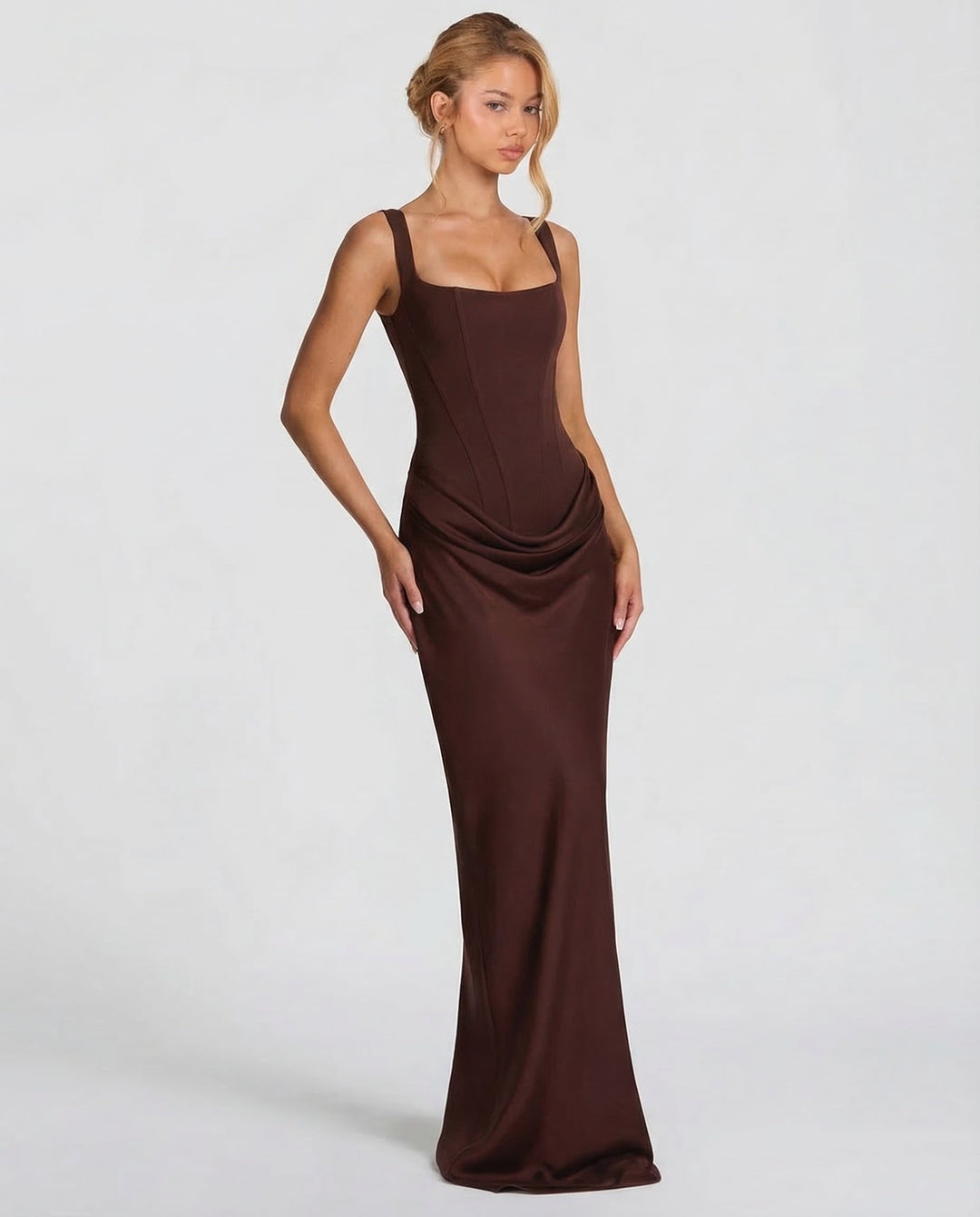 Women's Square Neck Maxi Dress with Draped Waist
