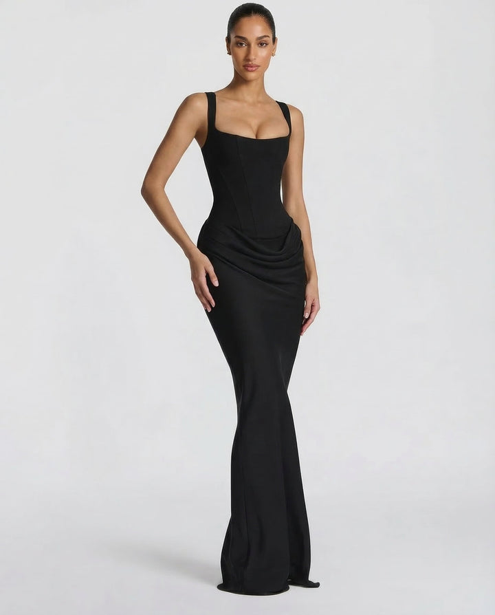 Women's Square Neck Maxi Dress with Draped Waist