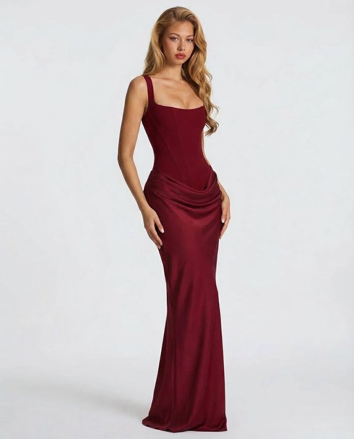 Women's Square Neck Maxi Dress with Draped Waist