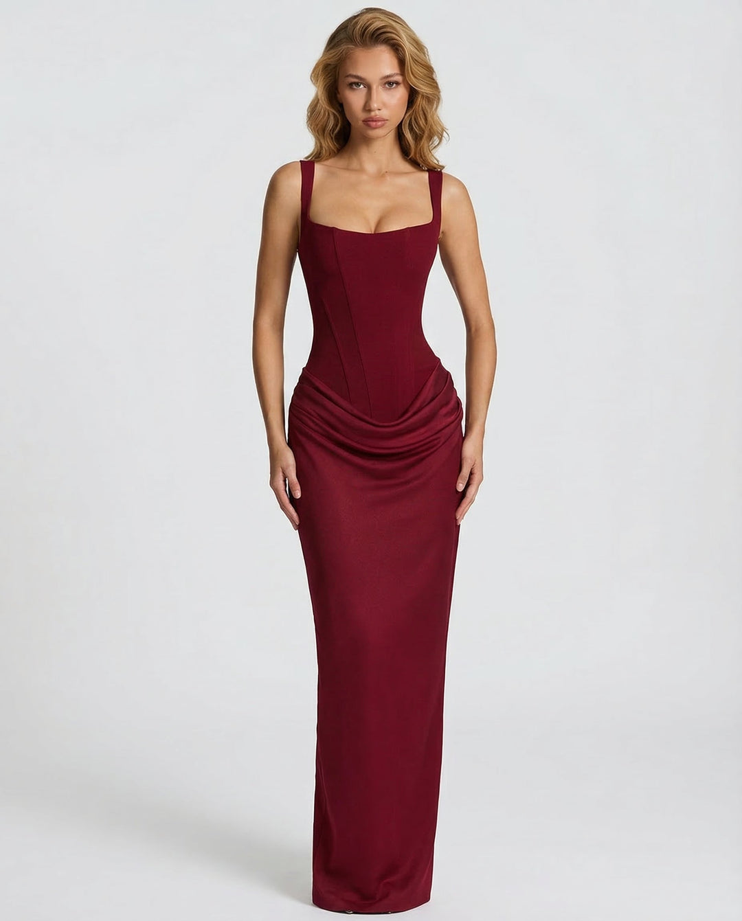 Women's Square Neck Maxi Dress with Draped Waist